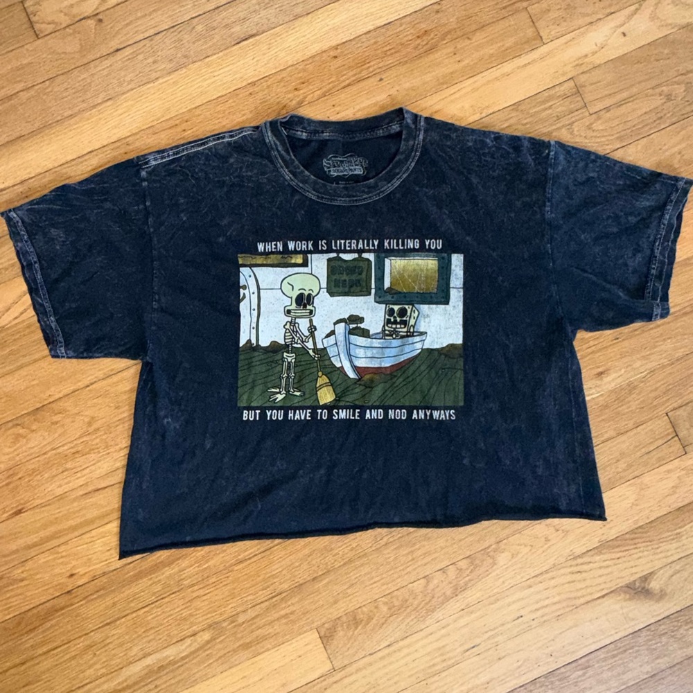 Black Acid Washed Cropped SpongeBob SquarePants Graphic T-Shirt